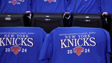 A view of the New York Knicks tees that are on the seats before game one of the Eastern Conference First Round Playoffs matchup between the New York Knicks and the Philadelphia 76ers at Madison Square Garden