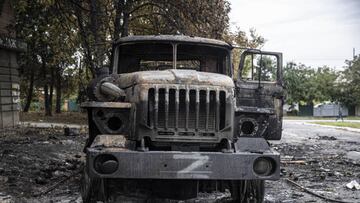 KHARKIV, UKRAINE - SEPTEMBER 11: Wrecked military vehichle of Russian army with "Z" letter sign on it is seen after Ukrainian army liberated the town of Balakliya in the southeastern Kharkiv oblast, Ukraine, on September 11, 2022. (Photo by Metin Aktas/Anadolu Agency via Getty Images)