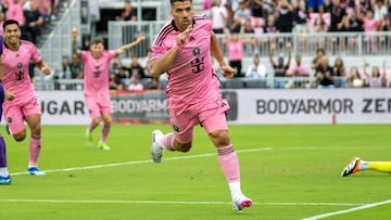 Inter Miami's Uruguayan forward #9 Luis Suarez celebrates after scoring during the MLS football match between Orlando City and Inter Miami FC at Chase Stadium in Fort Lauderdale, Florida, on March 2, 2024. (Photo by Chris ARJOON / AFP)