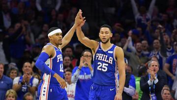 PHILADELPHIA, PA - OCTOBER 23: Tobias Harris #12 and Ben Simmons #25 of the Philadelphia 76ers celebrate during the game against the Boston Celtics at Wells Fargo Center on October 23, 2019 in Philadelphia, Pennsylvania. NOTE TO USER: User expressly acknowledges and agrees that, by downloading and or using this photograph, User is consenting to the terms and conditions of the Getty Images License Agreement. Drew Hallowell/Getty Images/AFP
== FOR NEWSPAPERS, INTERNET, TELCOS & TELEVISION USE ONLY ==