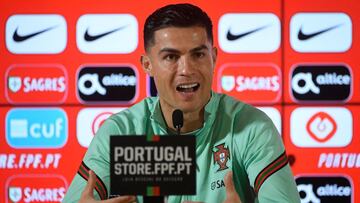 Portugal&#039;s forward Cristiano Ronaldo holds a press conference at the Dragao stadium in Porto on March 28, 2022 on the eve of the World Cup 2022 qualifying final first leg football match between Portugal and North Macedonia. (Photo by MIGUEL RIOPA / AFP)