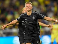 Aug 8, 2023; Nashville, TN, USA; Nashville SC forward Sam Surridge (9) celebrates his goal against the Club America during the second half at GEODIS Park. Mandatory Credit: Steve Roberts-USA TODAY Sports