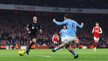 Soccer Football - Premier League - Arsenal v Manchester City - Emirates Stadium, London, Britain - February 15, 2023 Manchester City's Jack Grealish scores their second goal Action Images via Reuters/Matthew Childs EDITORIAL USE ONLY. No use with unauthorized audio, video, data, fixture lists, club/league logos or 'live' services. Online in-match use limited to 75 images, no video emulation. No use in betting, games or single club /league/player publications. Please contact your account representative for further details.