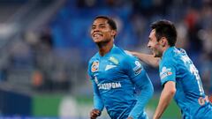 Wilmar Barrios (L) of Zenit St. Petersburg celebrates his goal with Vyacheslav Karavaev during the Russian Premier League match between FC Zenit Saint Petersburg and PFC Sochi on October 24, 2022 at Gazprom Arena in Saint Petersburg, Russia. (Photo by Mike Kireev/NurPhoto via Getty Images)