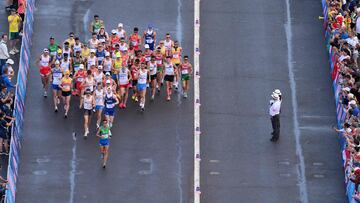 Athletes compete in the men's 20km race walk of the athletics event at the Paris 2024 Olympic Games at Trocadero in Paris on August 1, 2024. (Photo by David Ramos / POOL / AFP)