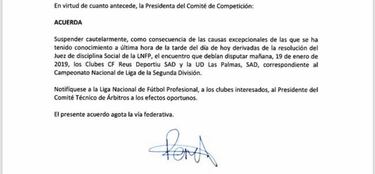 Oficial: el Reus-Las Palmas, suspendido cautelarmente