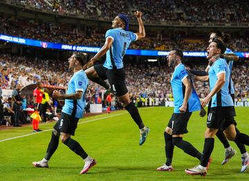 Uruguay defender Mathias Olivera celebrates during the match against the United States at Arrowhead Stadium.