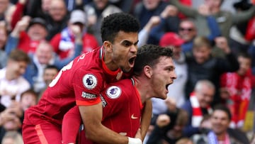 Liverpool's Andrew Robertson (right) celebrates scoring their side's first goal of the game with team-mate Luis Diaz during the Premier League match at Anfield, Liverpool. Picture date: Sunday April 24, 2022. (Photo by Peter Byrne/PA Images via Getty Images)