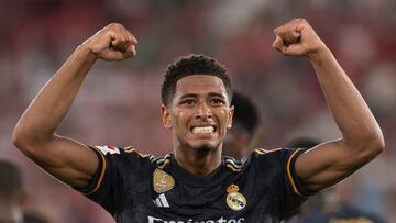 Real Madrid's English midfielder #05 Jude Bellingham celebrates scoring his second goal during the Spanish Liga football match between UD Almeria and Real Madrid CF at the Municipal Stadium of the Mediterranean Games in Almeria on August 19, 2023. (Photo by JORGE GUERRERO / AFP)