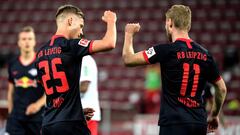 Soccer Football - Bundesliga - FC Cologne v RB Leipzig - RheinEnergieStadion, Cologne, Germany - June 1, 2020 RB Leipzig&#039;s Dani Olmo celebrates scoring their fourth goal with Timo Werner, as play resumes behind closed doors following the outbreak of 