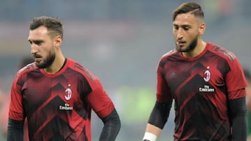 Antonio Donnarumma of Milan goalkeeper and Gianluigi Donnarumma of Milan goalkeeper during the warm-up before the match valid for Italian Football Championships - Serie A 2017-2018 between FC Internazionale and AC Milan at Stadio Giuseppe Meazza on Octobe