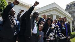 Gianna Floyd, the daughter of George Floyd, leads the chant &quot;say his name&quot; as members of the Floyd family talk with reporters after meeting with President Joe Biden at the White House, Tuesday, May 25, 2021, in Washington. (AP Photo/Evan Vucci)