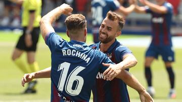 LA NUCIA, SPAIN - JUNE 28: Ruben Rochina of Levante UD celebrates with his team mate after scoring his team's fourth goal during the La Liga match between Levante UD and Real Betis Balompie at Estadi Olimpic Camilo Cano on June 28, 2020 in La Nucia,