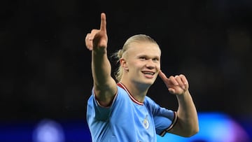 MANCHESTER, ENGLAND - OCTOBER 05: Erling Haaland of Manchester City celebrates after scoring their first goal during the UEFA Champions League group G match between Manchester City and FC Copenhagen at Etihad Stadium on October 5, 2022 in Manchester, United Kingdom. (Photo by Simon Stacpoole/Offside/Offside via Getty Images)