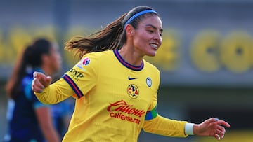 Karen Luna celebrates her goal 5-0 of America during the 12th round match between America and Puebla as part of the Torneo Clausura 2025, Liga MX Femenil at Cancha Centenario on March 12, 2025 in Mexico City, Mexico.