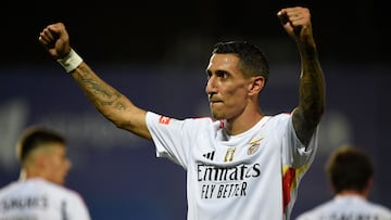 Benfica's Argentinian forward #11 Angel Di Maria celebrates after scoring his team's second goal during the Portuguese league football match between FC Vizela and SL Benfica at the FC Vizela stadium in Vizela on September 16, 2023. (Photo by MIGUEL RIOPA / AFP)