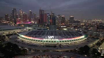 Jan 31, 2022; Los Angeles, CA, USA; A general overall aerial view of the Los Angeles Convention Center, site of the Super Bowl LVI Experience, and the downtown skyline Mandatory Credit: Kirby Lee-USA TODAY Sports