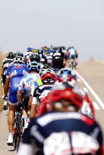 El pelotón durante la decimotercera etapa de la Vuelta Ciclista a España 2014, que ha transcurrido entre Belorado (Burgos) y el Parque de Cabárceno (Cantabria) con un recorrido de 188,7 kilómetros.