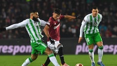 Sparta Praha's Albanian midfielder #20 Qazim Laci and Real Betis' French midfielder #08 Nabil Fekir vie for the ball during the UEFA Europa League Group C football match between Sparta Praha and Real Betis in Prague, on November 30, 2023. (Photo by Michal Cizek / AFP)