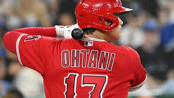 Jul 29, 2023; Toronto, Ontario, CAN; Los Angeles Angels designated hitter Shohei Ohtani (17) prepares for an at bat against the Toronto Blue Jays in the third inning at Rogers Centre. Mandatory Credit: Dan Hamilton-USA TODAY Sports