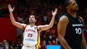 Sergio Llull, escolta de la Selección, celebra un triple en la final del Preolímpico ante Bahamas.