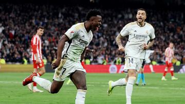 Soccer Football - LaLiga - Real Madrid v Almeria - Santiago Bernabeu, Madrid, Spain - January 21, 2024 Real Madrid's Vinicius Junior celebrates scoring a goal that was later disallowed REUTERS/Isabel Infantes