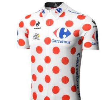 Maillot de ‘puntos’: Se le otorga al mejor escalador del Tour. Camiseta que la porta “el rey de la montaña”, cada ascenso es calificado de acuerdo a su dificultad. La prenda de ‘lunares’ apareció en 1975.