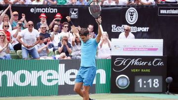 STUTTGART, GERMANY - JUNE 17: Roger Federer of Switzerland celebrates after winning the final match against Milos Raonic of Canada during day 7 of the Mercedes Cup at Tennisclub Weissenhof on June 17, 2018 in Stuttgart, Germany. (Photo by Alex Grimm/Get