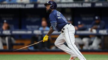 Apr 25, 2023; St. Petersburg, Florida, USA; Tampa Bay Rays left fielder Randy Arozarena (56) breaks his bat hitting a single against the Houston Astros in the first inning at Tropicana Field. Mandatory Credit: Nathan Ray Seebeck-USA TODAY Sports