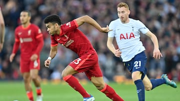 Liverpool's Colombian midfielder Luis Diaz runs with the ball during the English Premier League football match between Liverpool and Tottenham Hotspur at Anfield in Liverpool, north west England on May 7, 2022. (Photo by Paul ELLIS / AFP) / RESTRICTED TO EDITORIAL USE. No use with unauthorized audio, video, data, fixture lists, club/league logos or 'live' services. Online in-match use limited to 120 images. An additional 40 images may be used in extra time. No video emulation. Social media in-match use limited to 120 images. An additional 40 images may be used in extra time. No use in betting publications, games or single club/league/player publications. /