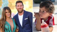 Im&aacute;genes de Antonella Roccuzzo y Lionel Messi en la boda de Cesc F&agrave;bregas y de Daniella Semaan y de su hijo mediano, Mateo, tumbado en el suelo con un biber&oacute;n en la mano.