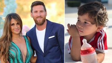 Imágenes de Antonella Roccuzzo y Lionel Messi en la boda de Cesc Fàbregas y de Daniella Semaan y de su hijo mediano, Mateo, tumbado en el suelo con un biberón en la mano.