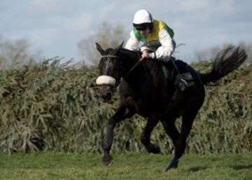 Jockey Leighton Aspell montado sobre Many Clouds cruza la valla final para ganar la carrera Grand National 