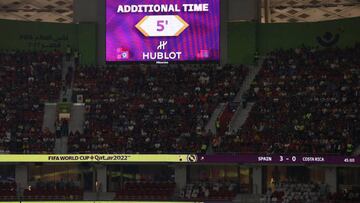 DOHA, QATAR - NOVEMBER 23: The LED board shows five minutes of additional time before the end of the first half during the FIFA World Cup Qatar 2022 Group E match between Spain and Costa Rica at Al Thumama Stadium on November 23, 2022 in Doha, Qatar. (Photo by Ryan Pierse/Getty Images)