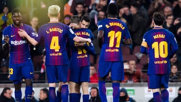 El Bar&ccedil;a celebra un gol frente al Girona.