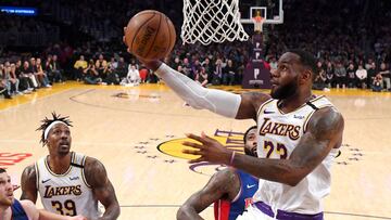 Jan 5, 2020; Los Angeles, California, USA; Los Angeles Lakers forward LeBron James (23) goes up for a basket in the second half of the game against the Detroit Pistons at Staples Center. Mandatory Credit: Jayne Kamin-Oncea-USA TODAY Sports