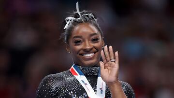 SAN JOSE, CALIFORNIA - AUGUST 27: Simone Biles celebrates after placing first in the floor exercise competition on day four of the 2023 U.S. Gymnastics Championships at SAP Center on August 27, 2023 in San Jose, California. Ezra Shaw/Getty Images/AFP (Photo by EZRA SHAW / GETTY IMAGES NORTH AMERICA / Getty Images via AFP)