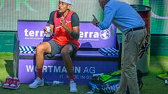 HALLE, GERMANY - JUNE 15: Nick Kyrgios (L) of Australia argues with ATP Supervisor Hans-Juergen Ochs in his match against Stefanos Tsitsipas of Greece during day five of the 29th Terra Wortmann Open at OWL-Arena on June 15, 2022 in Halle, Germany. (Photo by Thomas F. Starke/Getty Images)