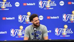 BOSTON, MA  - JUNE 15:  Klay Thompson of the Golden State Warriors addresses the media during 2022 NBA Finals Practice and Media Availability on June 15, 2022  at the TD Garden in Boston, Massachusetts. NOTE TO USER: User expressly acknowledges and agrees that, by downloading and or using this photograph, user is consenting to the terms and conditions of Getty Images License Agreement. Mandatory Copyright Notice: Copyright 2022 NBAE (Photo by Noah Graham/NBAE via Getty Images)