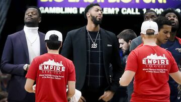 Jan 30, 2019; New Orleans, LA, USA; New Orleans Pelicans forward Anthony Davis (23) watches from the bench during the second half against the Denver Nuggets at the Smoothie King Center. Mandatory Credit: Derick E. Hingle-USA TODAY Sports