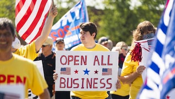 Protestors hold a rally against Maryland's stay-at-home order in Frederick, Maryland, USA, 02 May 2020.