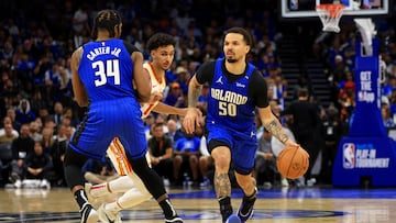 Cole Anthony #50 of the Orlando Magic looks to pass during the second half of an NBA play-in tournament game against the Atlanta Hawks at Kia Center on April 15, 2025 in Orlando, Florida.