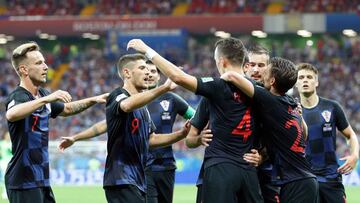 Rostov-on-don (Russian Federation), 26/06/2018.- Ivan Perisic (C-R) of Croatia celebrates with his teammates after scoring the winning goal during the FIFA World Cup 2018 group D preliminary round soccer match between Iceland and Croatia in Rostov-On-Don,