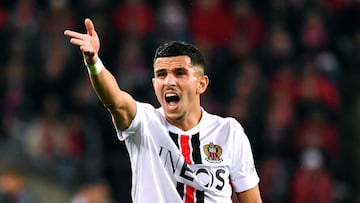 (FILES) Nice's Algerian defender Youcef Atal reacts during the UEFA Europa Conference League Group D football match between FC Cologne and OGC Nice in Cologne, on November 3, 2022. The Nice public prosecutor announced on October 16, 2023 the opening of a preliminary investigation for "apology for terrorism" against Atal, suspected of having relayed controversial comments on social networks linked to the conflict between Israel and the Palestinian movement Hamas. (Photo by UWE KRAFT / AFP)