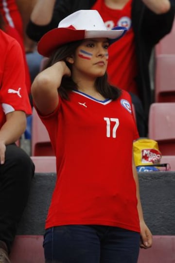 Hinchas de la seleccion chilena alientan a su equipo antes del partido valido por las clasificatorias al mundial de Rusia 2018 contra Peru disputado en el estadio Nacional de Santiago, Chile.