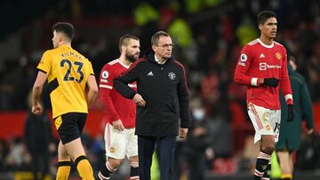 MANCHESTER, ENGLAND - JANUARY 03: Ralf Rangnick, Manager of Manchester United reacts following the Premier League match between Manchester United and Wolverhampton Wanderers at Old Trafford on January 03, 2022 in Manchester, England. (Photo by Gareth Copley/Getty Images)