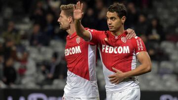 Monaco's French forward Wissam Ben Yedder (R) celebrates after scoring a goal during the French L1 football match between Toulouse (TFC) and Monaco (ASM) on December 4, 2019, at the Municipal Stadium in Toulouse, southern France. (Photo by PASCAL PAV