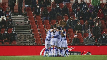 MALLORCA, SPAIN - MARCH 02: David Silva of Real Sociedad celebrates scoring his team&#039;s first goal with teammates during the LaLiga Santander match between RCD Mallorca and Real Sociedad at Estadio de Son Moix on March 02, 2022 in Mallorca, Spain. (Ph