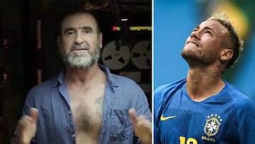 Imágenes de Eric Cantona en un vídeo de Instagram en el que se burla de Neymar comparándole con una maleta y de Neymar mirando al cielo durante un partido con la selección brasileña.