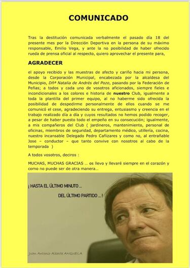 Anquela se despide en un comunicado